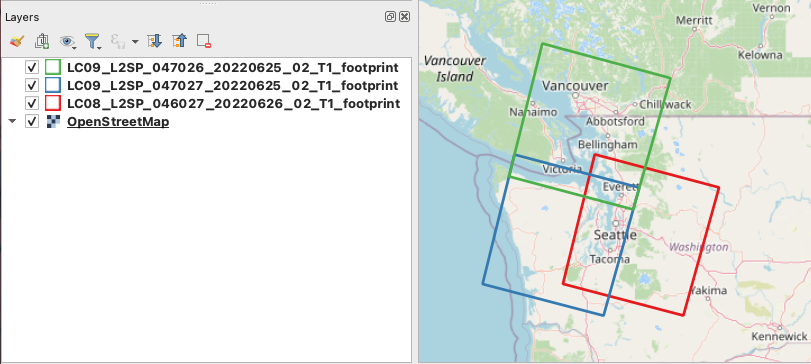 Map view of the 3 image footprints on the QGIS map